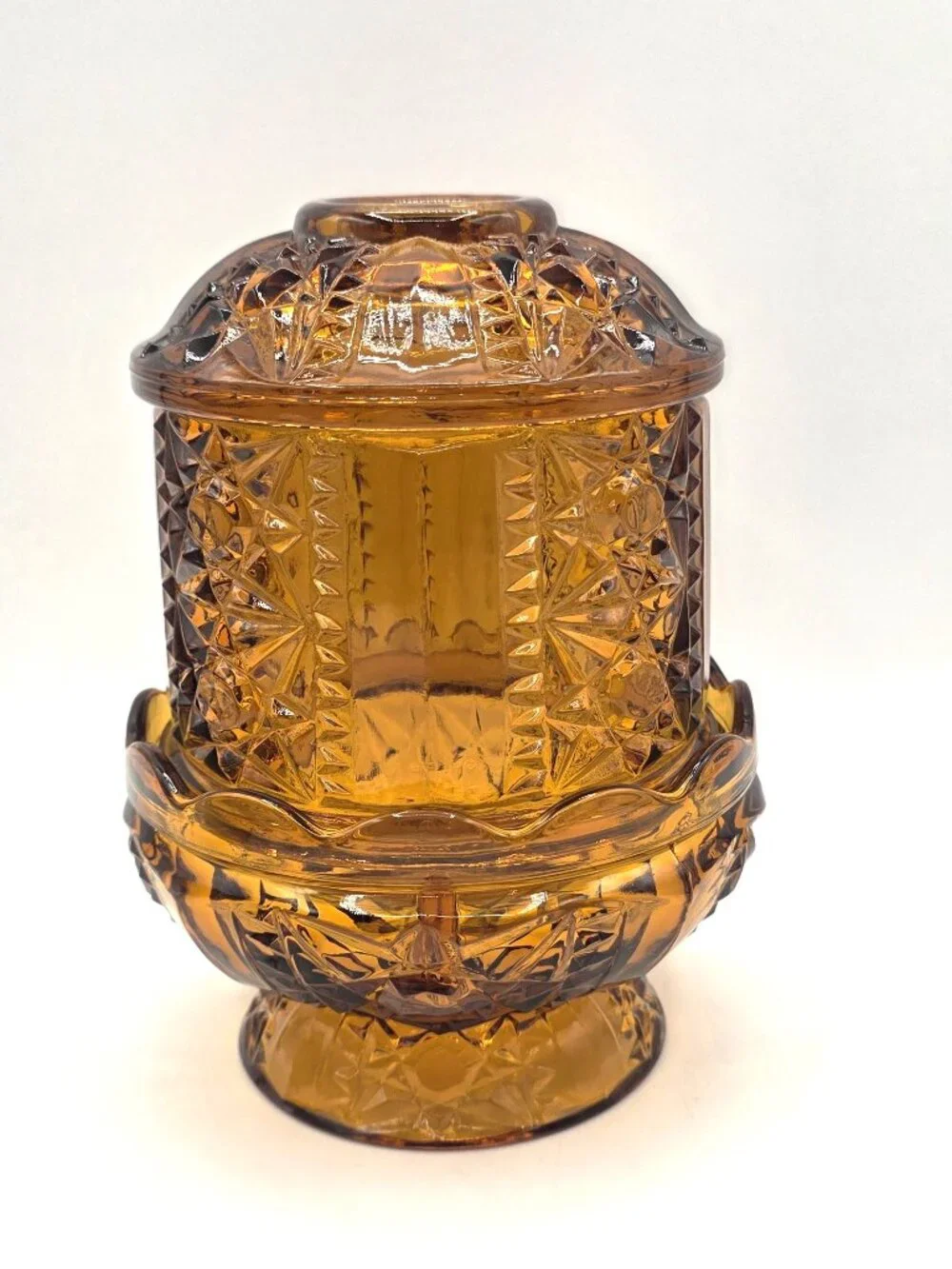 Amber Fairy Lamp Indiana Glass Stars & Bars Vintage 2 Piece Candle Holder 6.5”